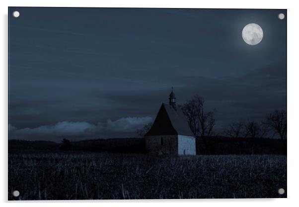Old church in full moon night. Dobronice u Bechyne Acrylic by Sergey Fedoskin