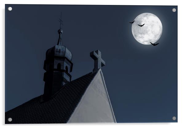 Night sky and the moon behind the church. Acrylic by Sergey Fedoskin