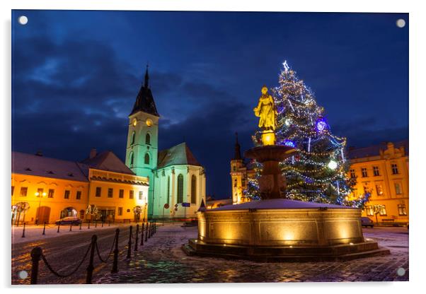 Center of Vodnany with christmas tree, Czech repub Acrylic by Sergey Fedoskin
