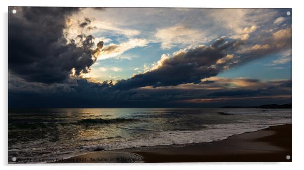 Coast of a sea and dramatic sky. Evening time.  Acrylic by Sergey Fedoskin