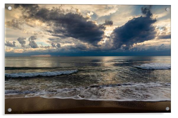 Coast of a sea and dramatic sky. Evening time.  Acrylic by Sergey Fedoskin