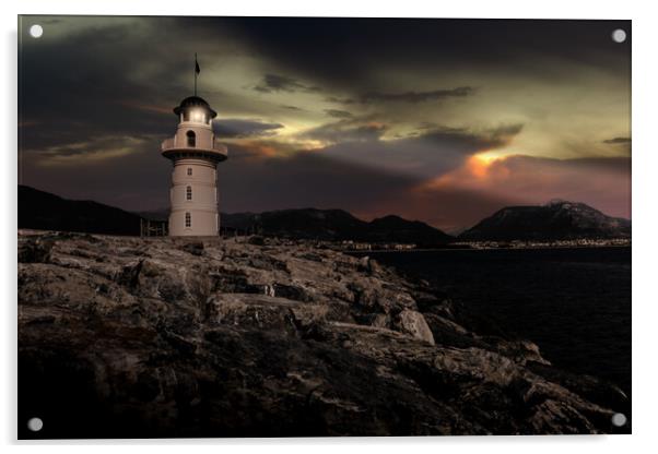 Lighthouse on a mediterranean coast at night. Acrylic by Sergey Fedoskin