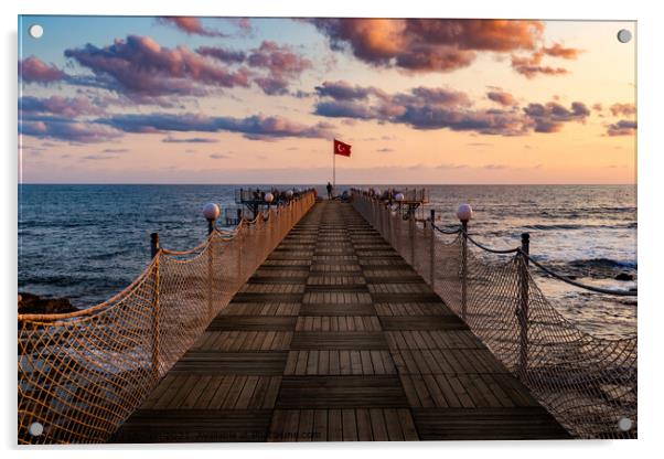 Wooden pier and sunset over sea. Acrylic by Sergey Fedoskin