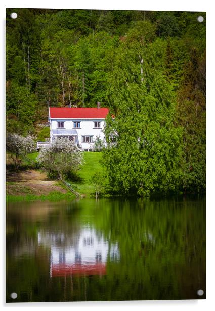Reflections of a white house on a small lake in Op Acrylic by Hamperium Photography