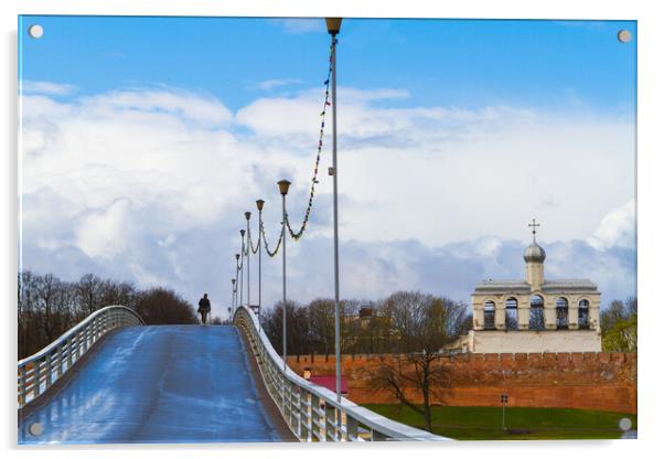 NOVGOROD - APRIL, 27: Lonely figure of woman on the Bridge walki Acrylic by Tartalja 