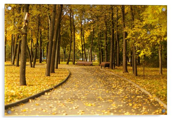 Benches in the autumn park Acrylic by Gaukhar Yerk