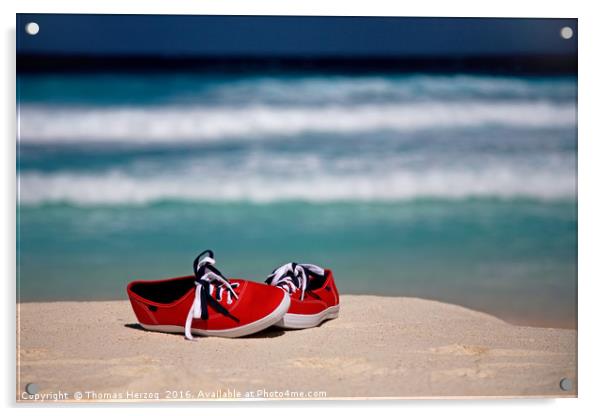 Red Sneakers at the Beach Acrylic by Thomas Herzog
