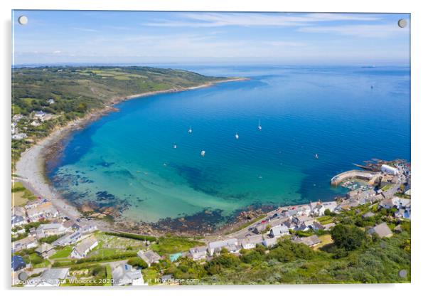 Aerial photograph of Coverack, Lizard, Helston, Cornwall, England  Acrylic by Tim Woolcock