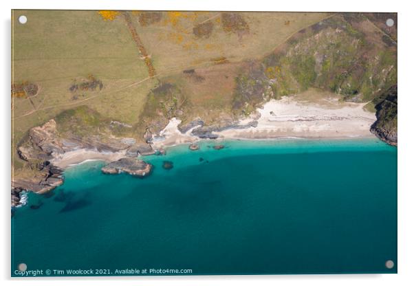 Aerial photograph of Lantic Bay, Cornwall, England. Acrylic by Tim Woolcock