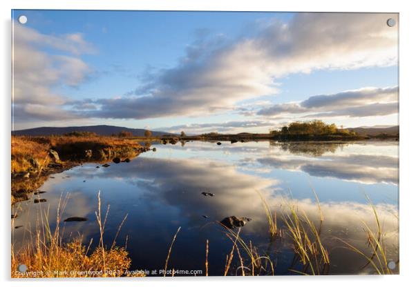Serene Reflections: Autumn Sunrise on Loch Ba Acrylic by Mark Greenwood