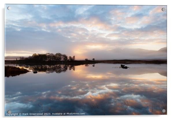 Dawn's Serenity: Highland Loch Ba Acrylic by Mark Greenwood