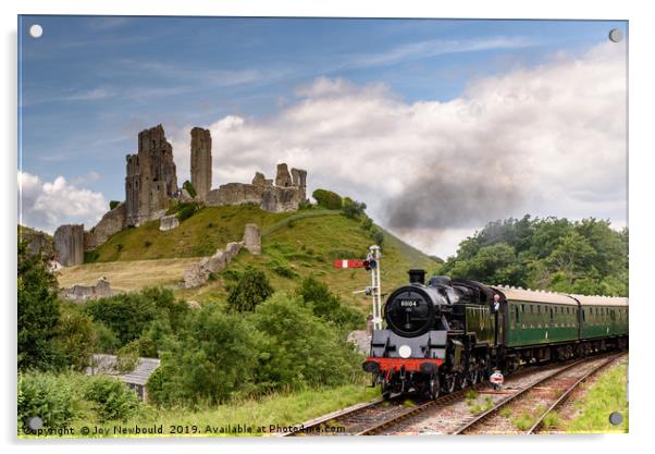 Steam Train passing Corfe Castle, Dorset Acrylic by Joy Newbould
