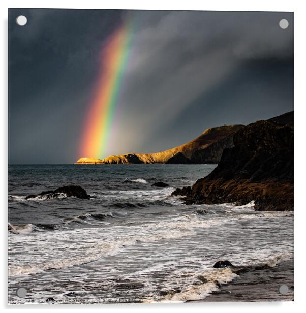 Rainbow light on headland at Cardigan Bay Acrylic by Joy Newbould