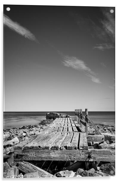 Old breakwater at Lossiemouth beach in Mono Acrylic by Joe Dailly