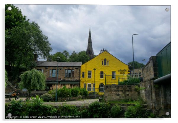 The Golden Lion and a Church Spire, Todmorden Acrylic by Colin Green