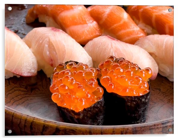 Close up of sushi salmon fish eggs with yellow tail and salmon p Acrylic by Thomas Baker