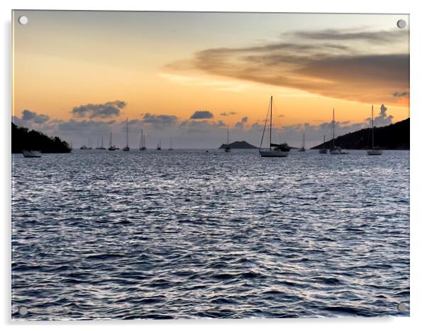 Caribbean Sea sunset with sail boats  Acrylic by Thomas Baker