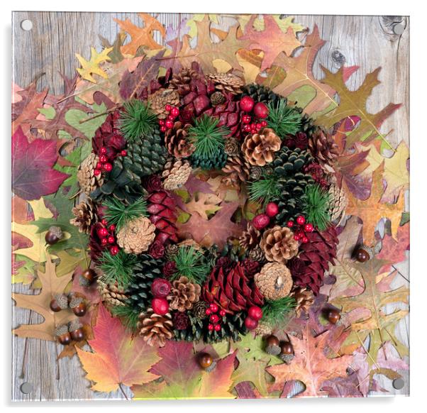 Autumn cone wreath and leaves on rustic wooden boa Acrylic by Thomas Baker