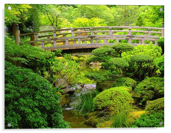 Footbridge over a stream at the Japanese Gardens Acrylic by sharon hitman