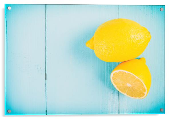 Fresh Yellow Lemons On Wooden Table Acrylic by Radu Bercan
