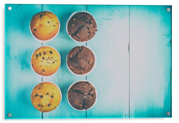 Homemade Chocolate Chip Muffins On Blue Table Acrylic by Radu Bercan