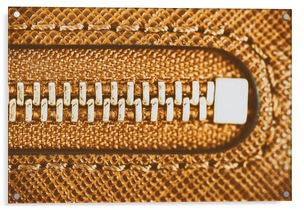 Zipper Closeup On Brown Leather Wallet Acrylic by Radu Bercan