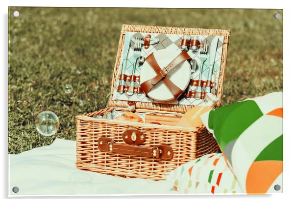 Picnic Basket Food On White Blanket With Pillows A Acrylic by Radu Bercan