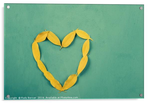 Heart Shape Yellow Autumn Leaves On Turquoise Wood Acrylic by Radu Bercan