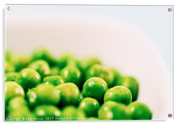 Fresh Green Peas In White Bowl On Turquoise Table Acrylic by Radu Bercan