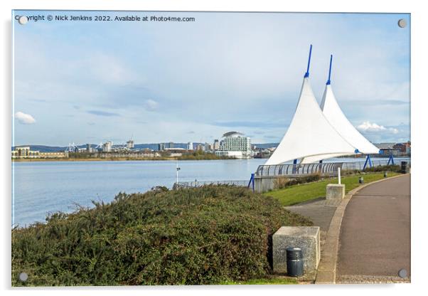 Cardiff Bay with The Scott Memorial Sails  Acrylic by Nick Jenkins