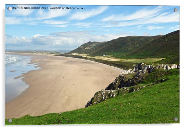 Sweeping View of Rhossilli Beach Gower AONB in August  Acrylic by Nick Jenkins