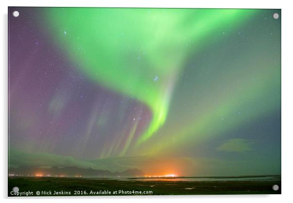 Aurora over south Iceland at the town of Hofn Acrylic by Nick Jenkins