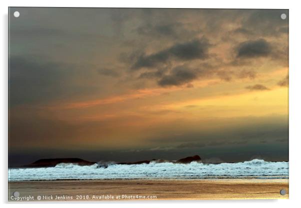 Rhossili Beach Gower blustery March evening Gower Acrylic by Nick Jenkins