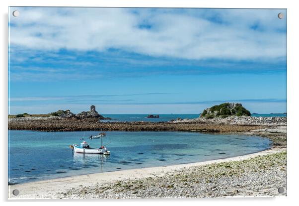 Periglis Bay and moored boat on St Agnes Scillies  Acrylic by Nick Jenkins