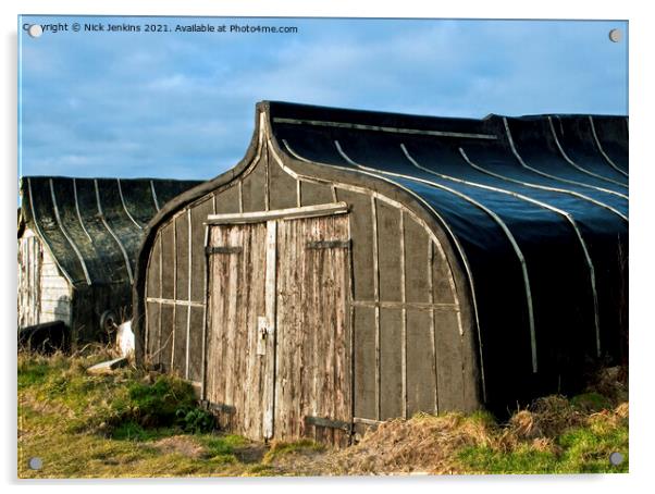 Upturned Herring Boats now used as sheds on Lindis Acrylic by Nick Jenkins