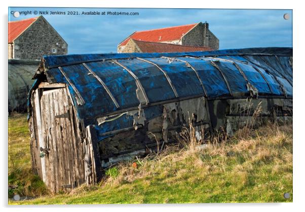 Old herring boats used as fishing sheds Lindisfarn Acrylic by Nick Jenkins