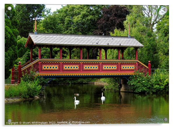 Birkenhead Park Swiss Bridge With Swans Swimming Acrylic by Stuart Whittingham