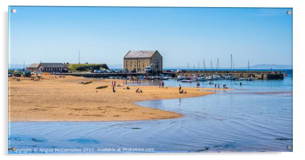Panoramic view across beach to Elie harbour Acrylic by Angus McComiskey