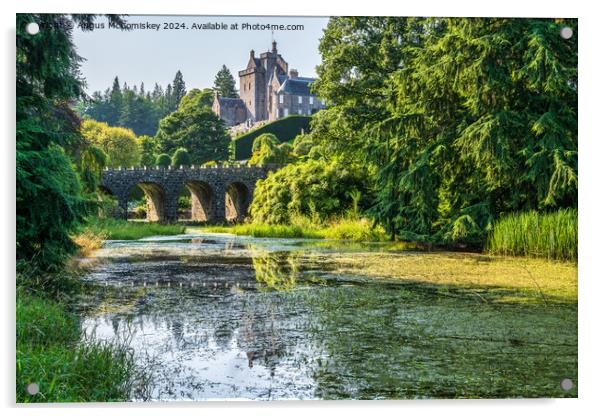 Stone bridge and pond in Drummond Castle Gardens Acrylic by Angus McComiskey