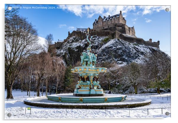 Frozen Ross Fountain and Edinburgh Castle in snow Acrylic by Angus McComiskey