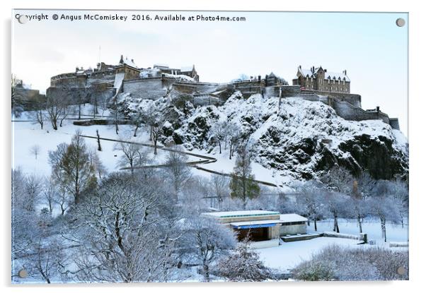 Edinburgh Castle and Ross Bandstand in snow Acrylic by Angus McComiskey