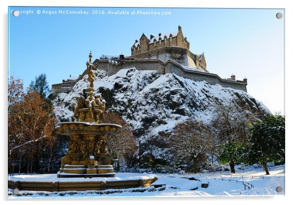 Edinburgh Castle and Ross Fountain in snow Acrylic by Angus McComiskey