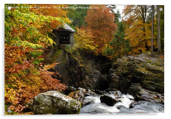Ossian’s Hall and Black Linn Waterfall in autumn Acrylic by Angus McComiskey
