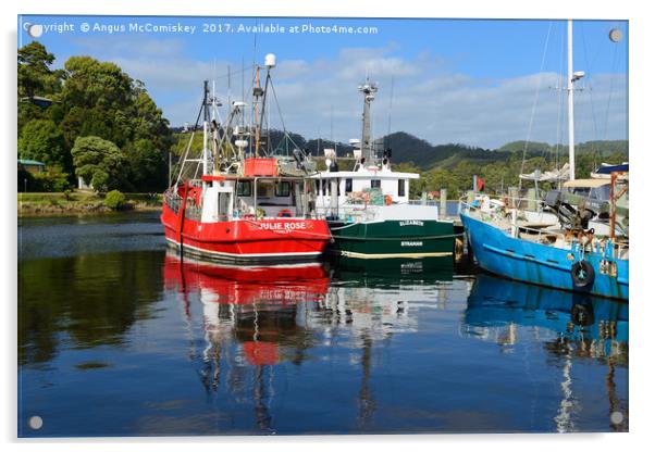 Fishing boat reflections Strahan harbour Tasmania Acrylic by Angus McComiskey
