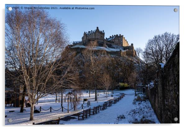 Edinburgh Castle snow from Princes Street Gardens Acrylic by Angus McComiskey
