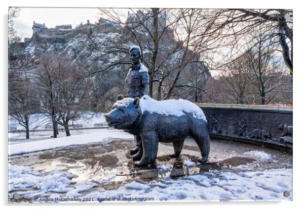 Wojtek the Soldier Bear Memorial in snow Edinburgh Acrylic by Angus McComiskey