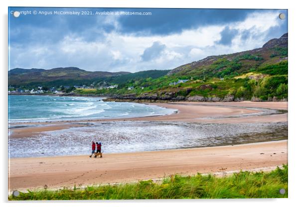 Couple walking dog on Gairloch beach Acrylic by Angus McComiskey