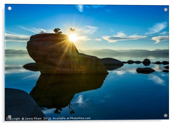Dramatic view of Bonsai Rock in Lake Tahoe. Acrylic by Jamie Pham