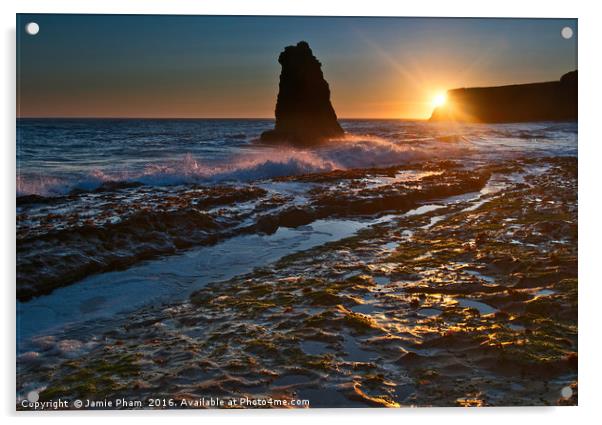 Dramatic view of a sea stack in Davenport Beach, S Acrylic by Jamie Pham