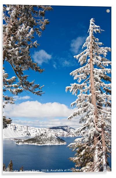Beautiful view of Crater Lake covered in snow in t Acrylic by Jamie Pham
